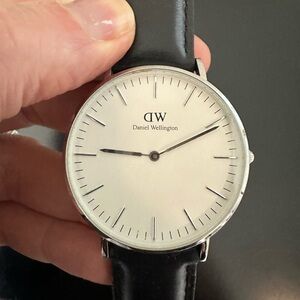 Daniel Wellington White Dial Watch with Black Leather Strap